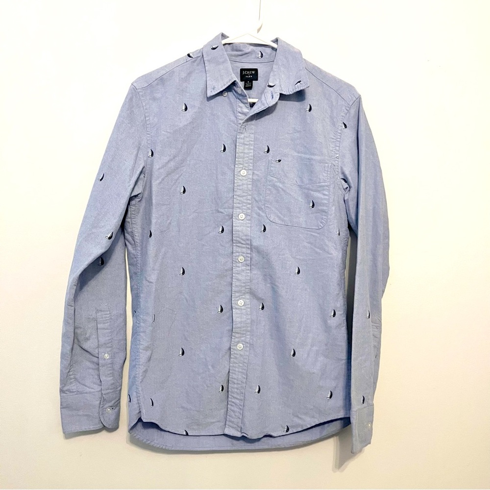 J.Crew Factory Flex Chambray Denim Long Sleeve Sailboats Button Down 14-14.5 SM